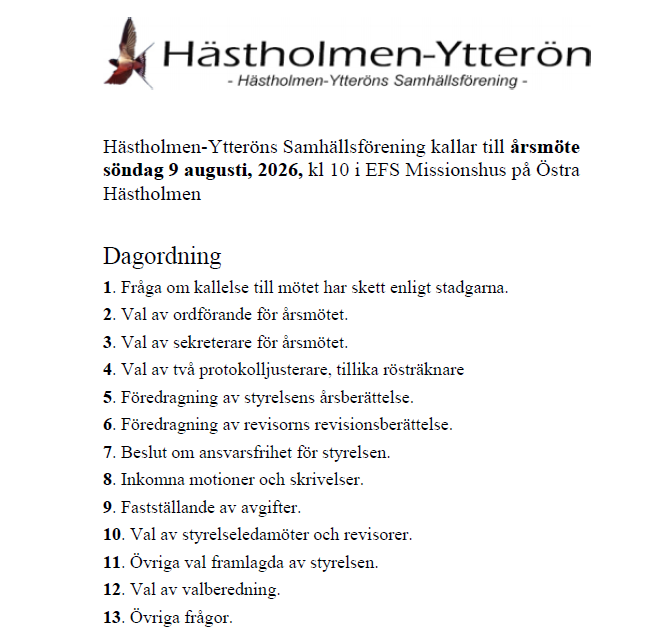 Årsmöte 9 augusti 2026